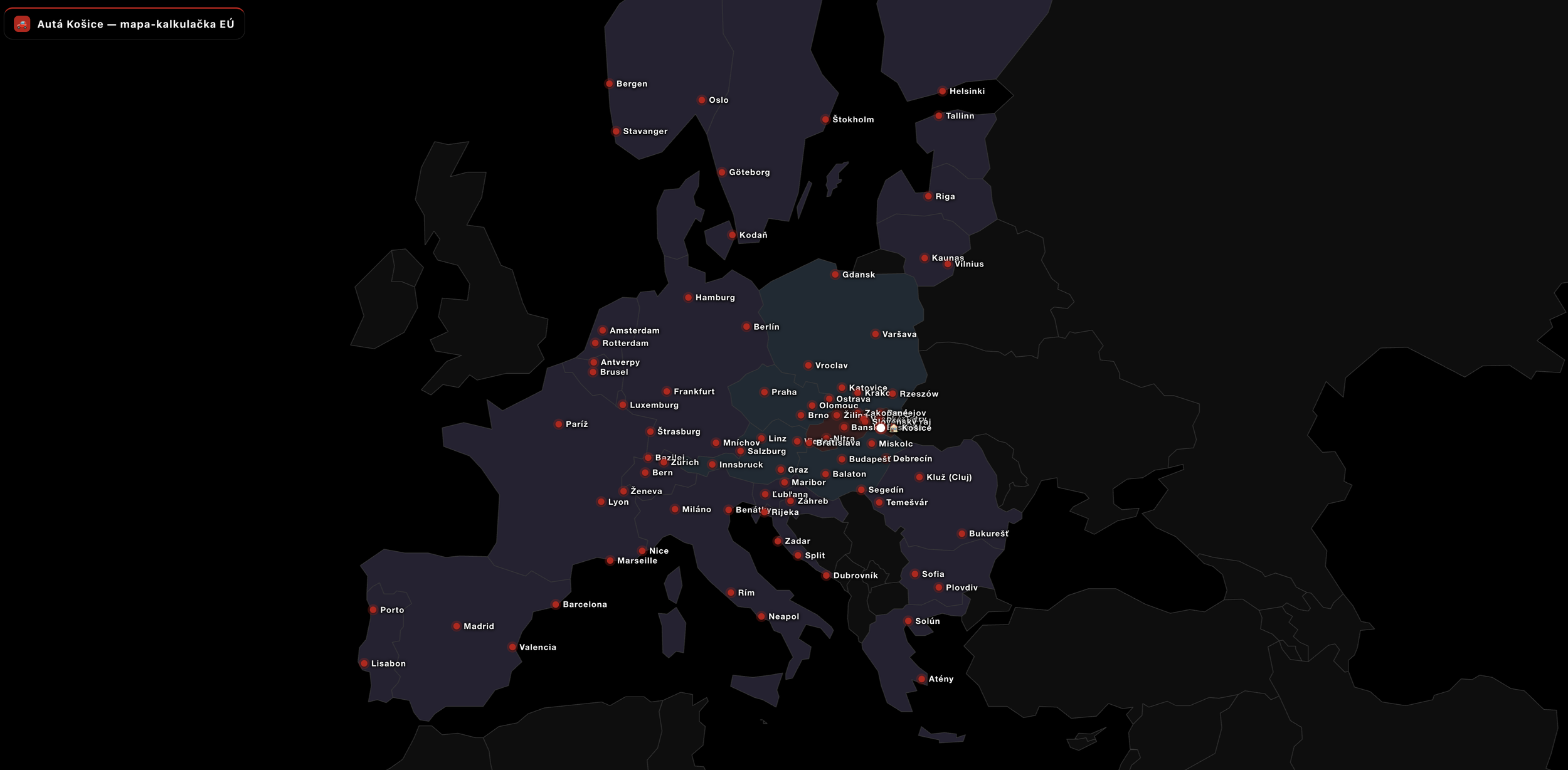 Interaktívna mapa prenájmu áut Košice"