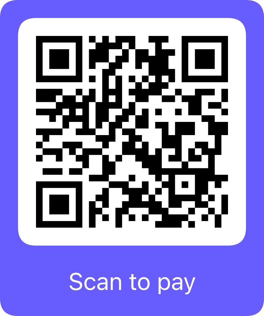 A blue payment QR code card with a white section containing a black and white QR code and the text 'Scan to pay' at the bottom.