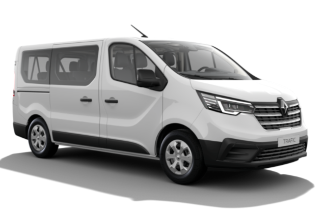 White Renault Trafic van with black accents parked on a white background.
