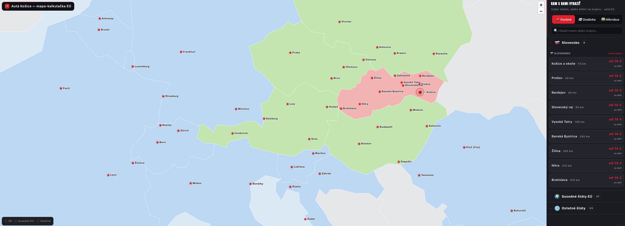 Interaktívna mapa prenájmu vozidla. Autá Košice.