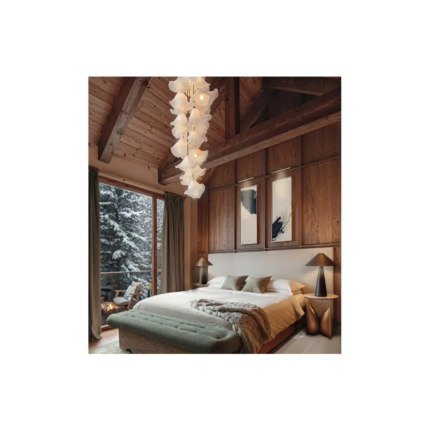 Imagining a master bedroom, in a contemporary mood with a stunning, daring and massive pendant light 🤩

#lightingdesign #masterbedroomdecor #mountain #frenchalps #woodenarchitecture #architectedinterieur #alpineinteriors