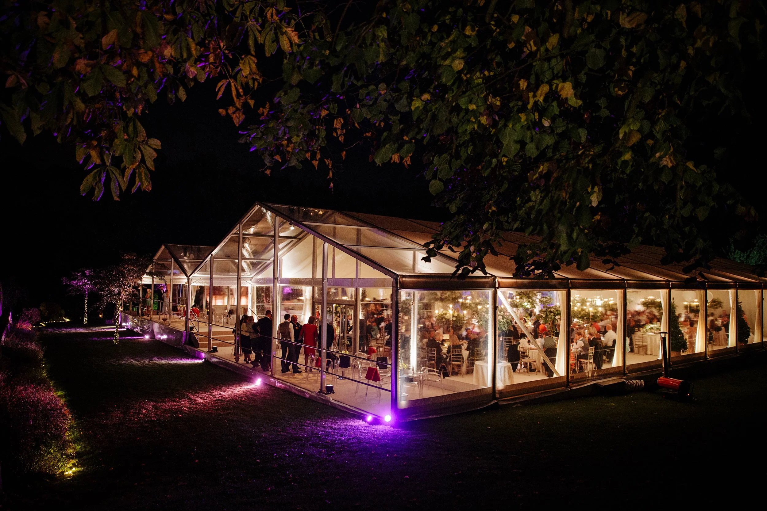 Warm interior lighting with exterior spot lights