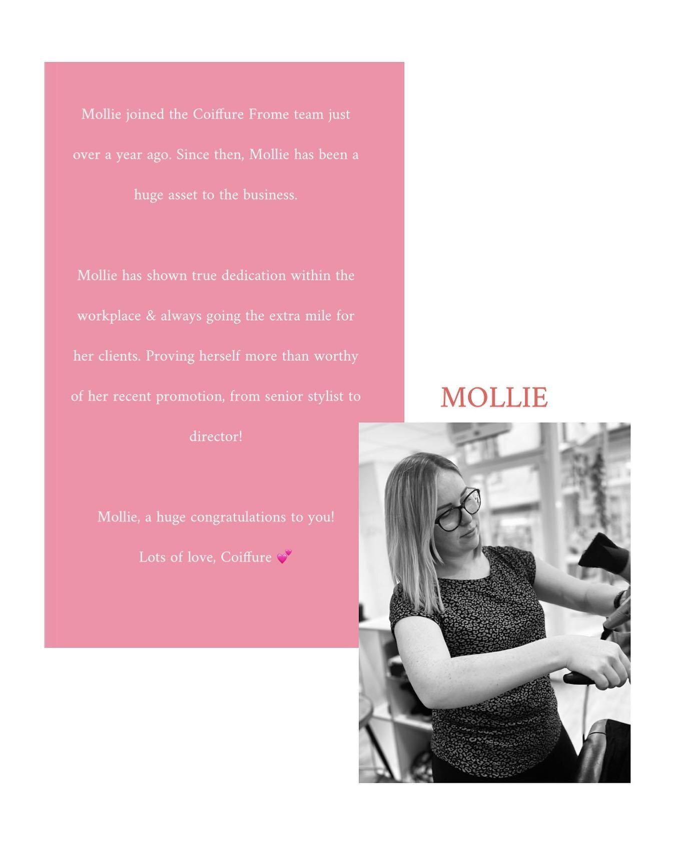 &bull; P R O M O T I O N &bull; 

✨ Our fabulous Mollie at Coiffure Frome has recently been promoted. From Senior stylist to Director 👏

✨ Mollies promotion will see her working at Coiffure Frome &amp; Warminster 

✨ Frome: Monday, Tuesdays &amp; Sa