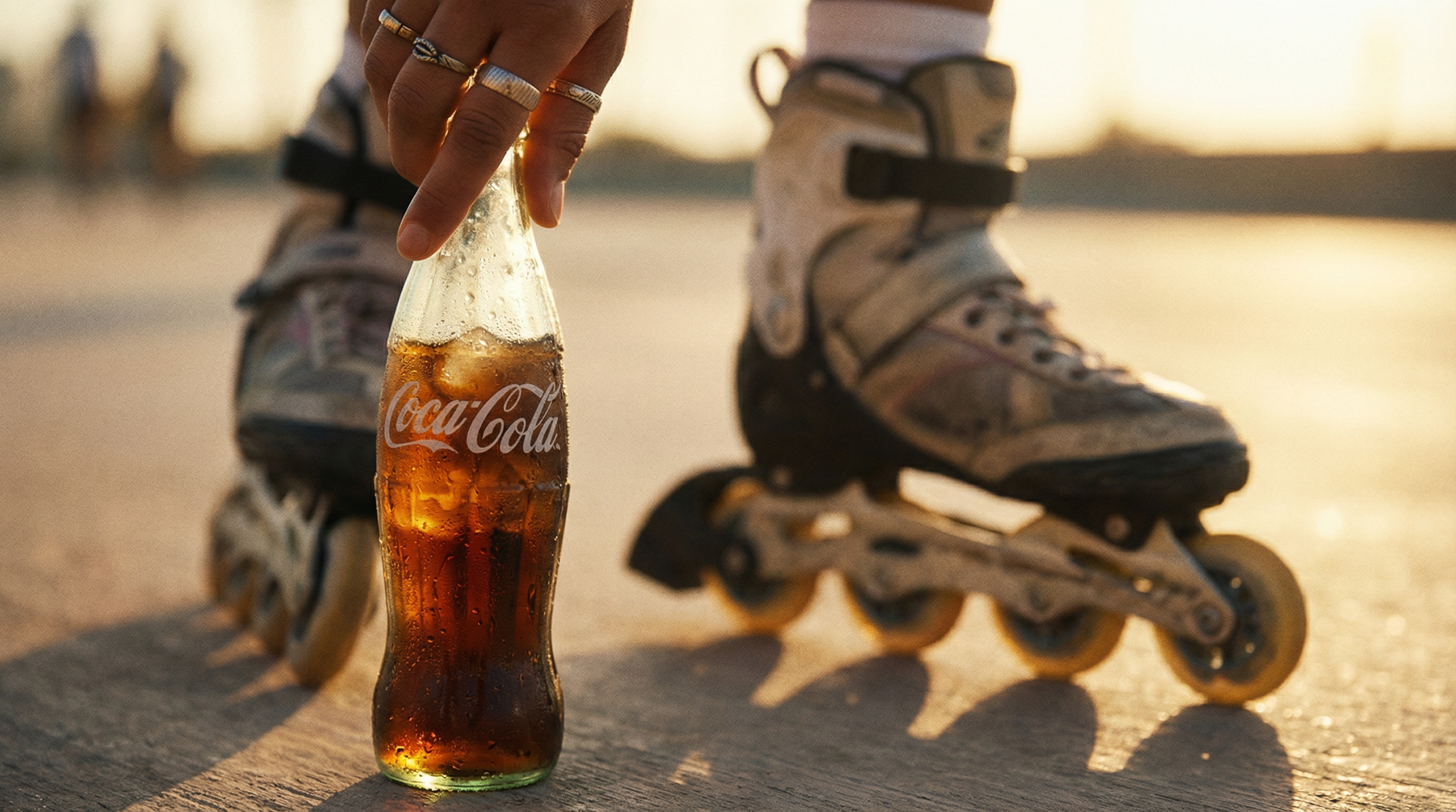 A person is placing a glass bottle of Coca-Cola on the ground near their rollerblades during sunset.