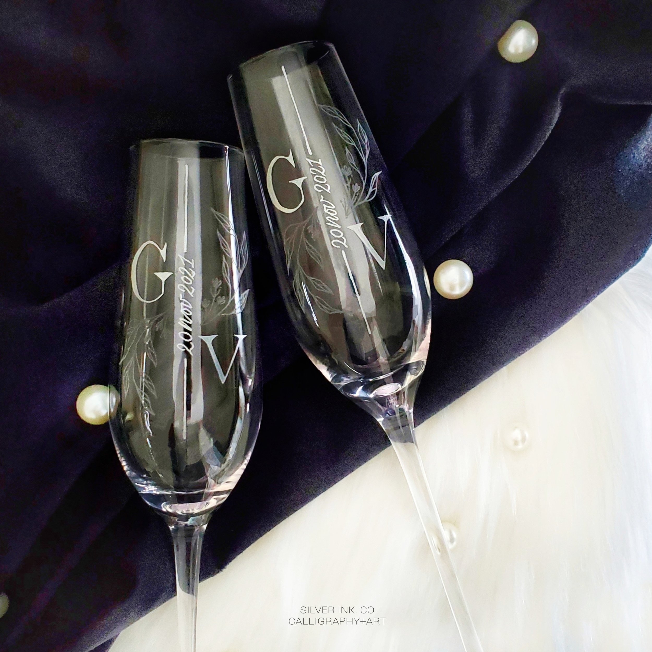Silver Ink calligraphy engraving champagne flutes initial  wedding gift.jpg