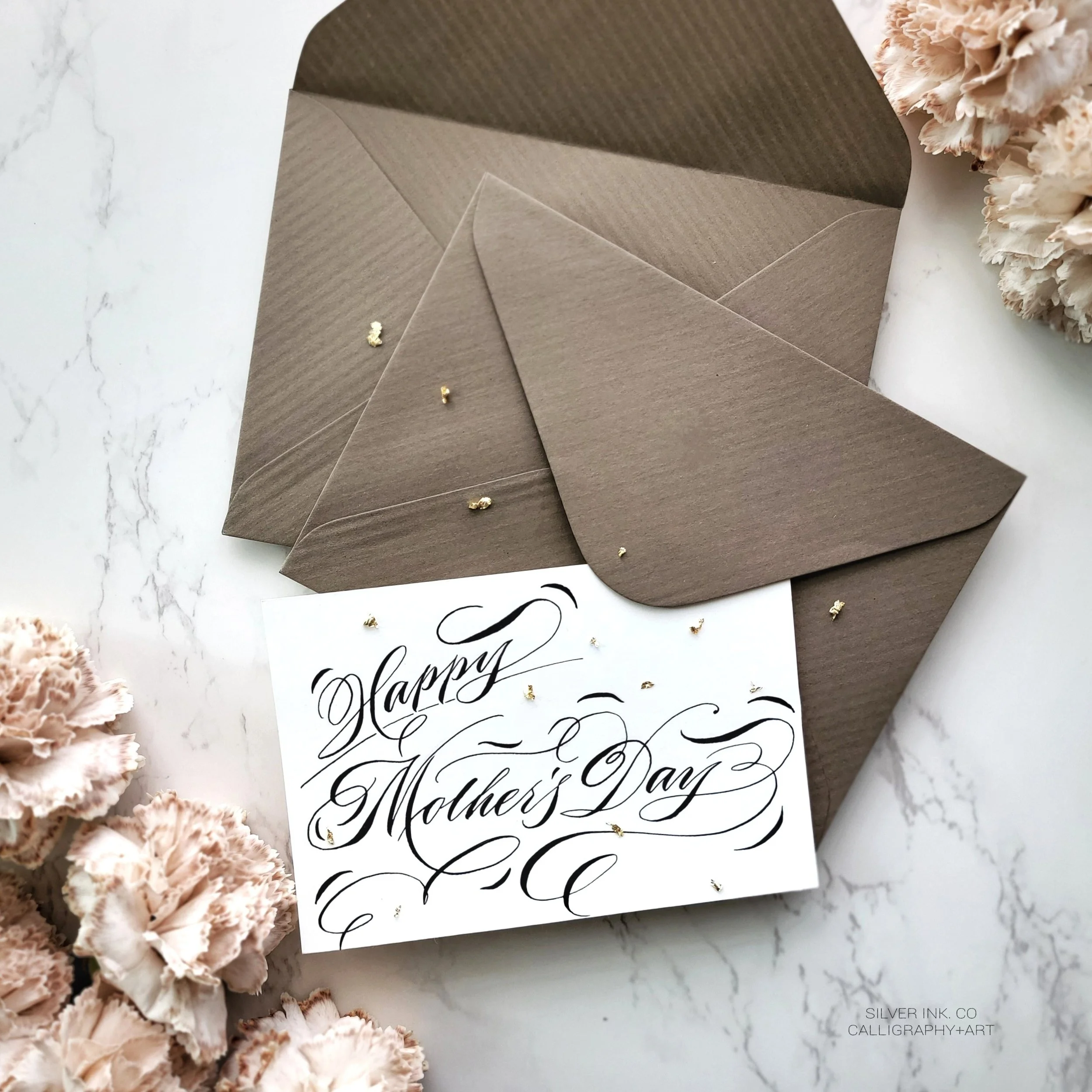 Silver ink calligraphy mother's day card writing carnation envelope.jpg