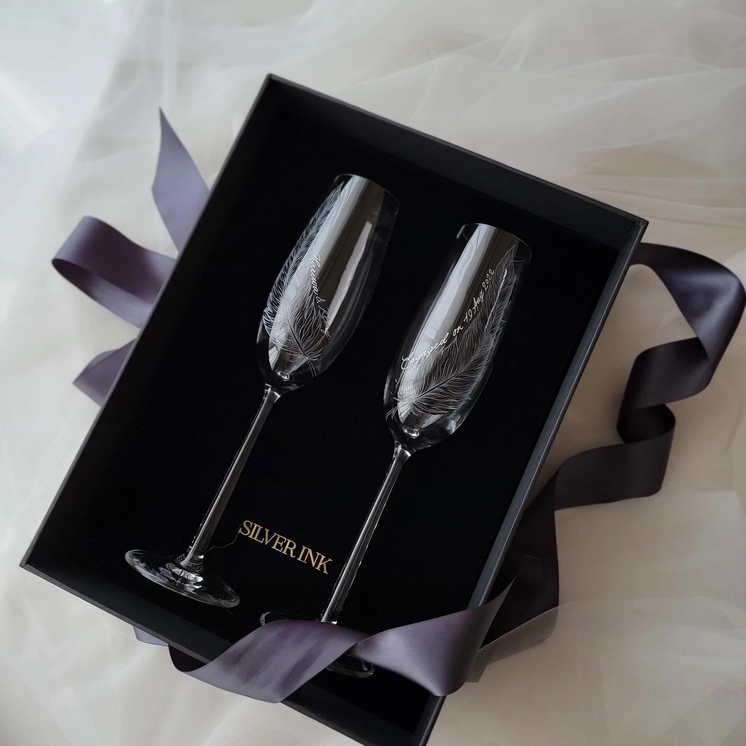 Silver Ink calligraphy engraving champagne flutes wedding gift box.jpg
