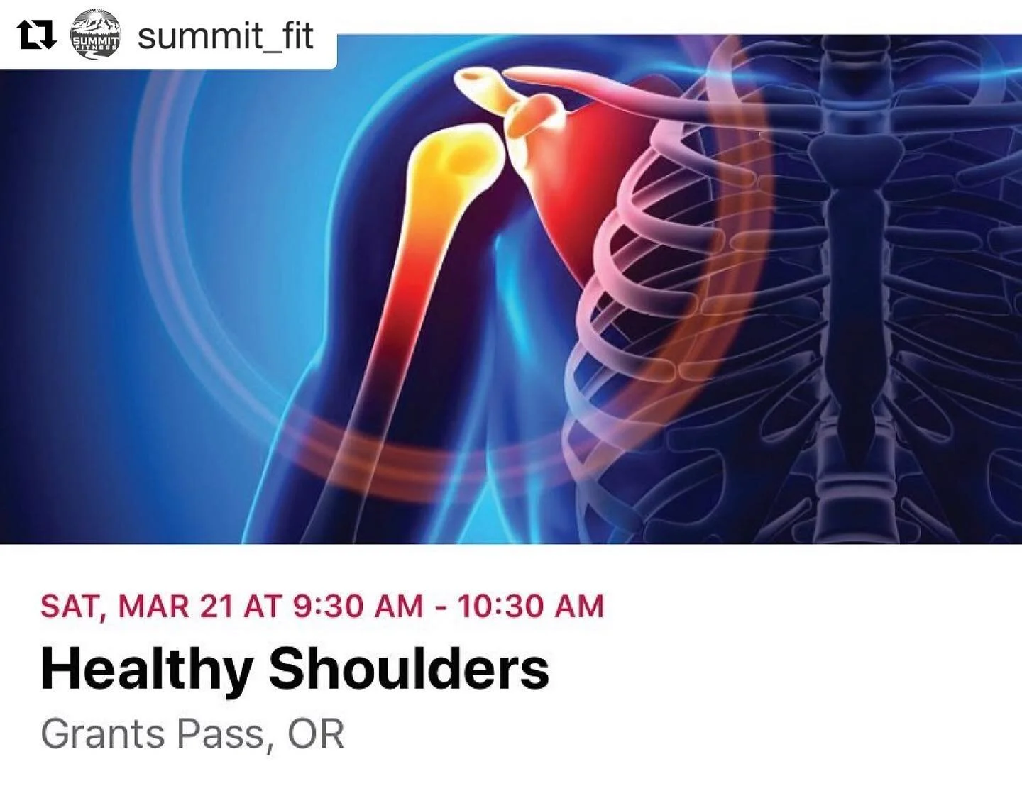 Join us as we host a shoulder clinic at @summit_fit taught by our coaches Jon Hill, DPT and Kelsey Anderson, PTA from @siskiyoupt !  They will cover the components of a healthy shoulder maintenance program that will keep you doing what you love.

#si