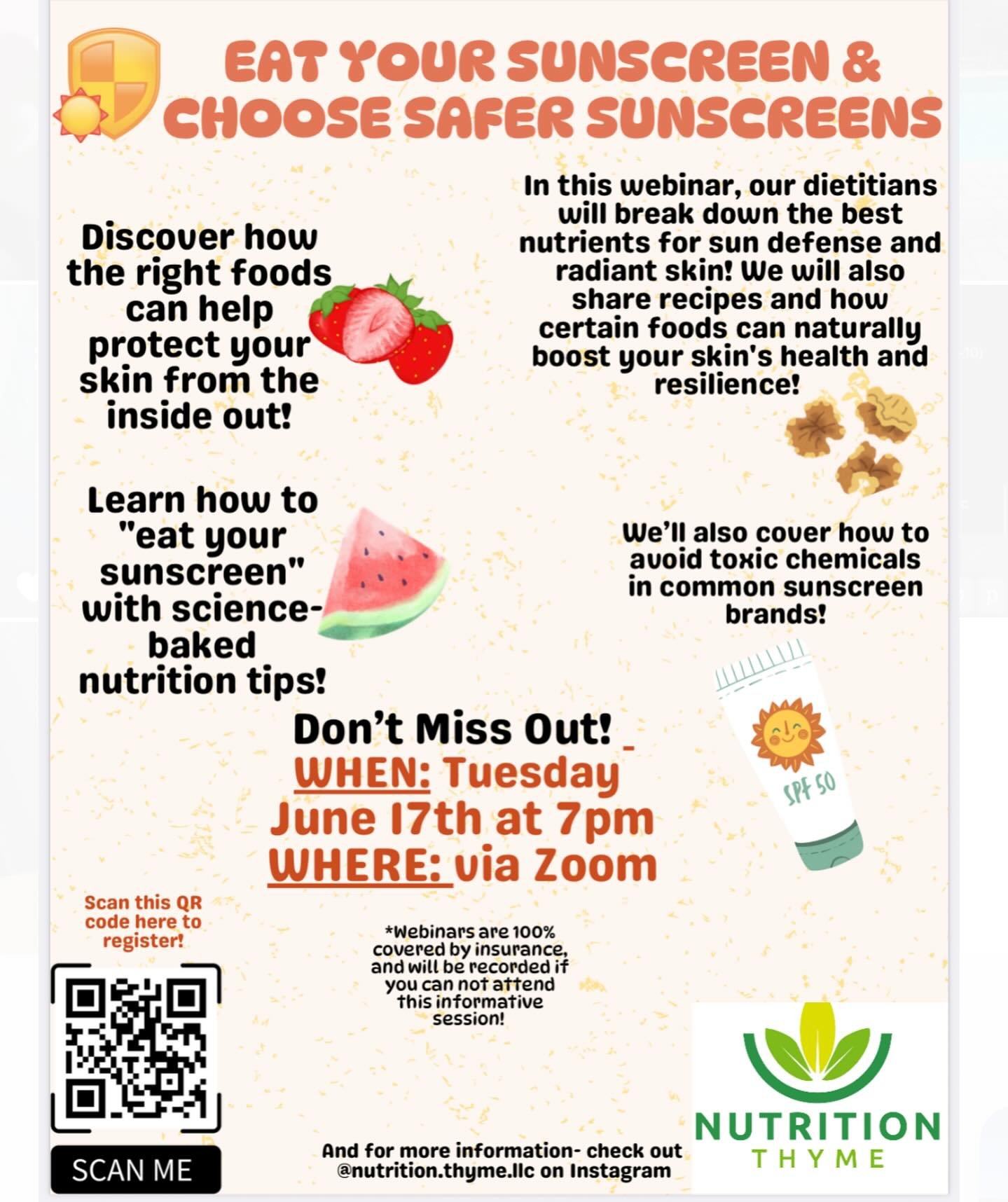 Level up your summer skincare routine &mdash; starting with what&rsquo;s on your plate!🍽️☀️ 

Join us on TUESDAY JUNE 17TH @ 7pm for an eye-opening webinar:

 &ldquo;Eat Your Sunscreen &amp; Choose Safer Sunscreens&rdquo;, hosted by expert dietitian