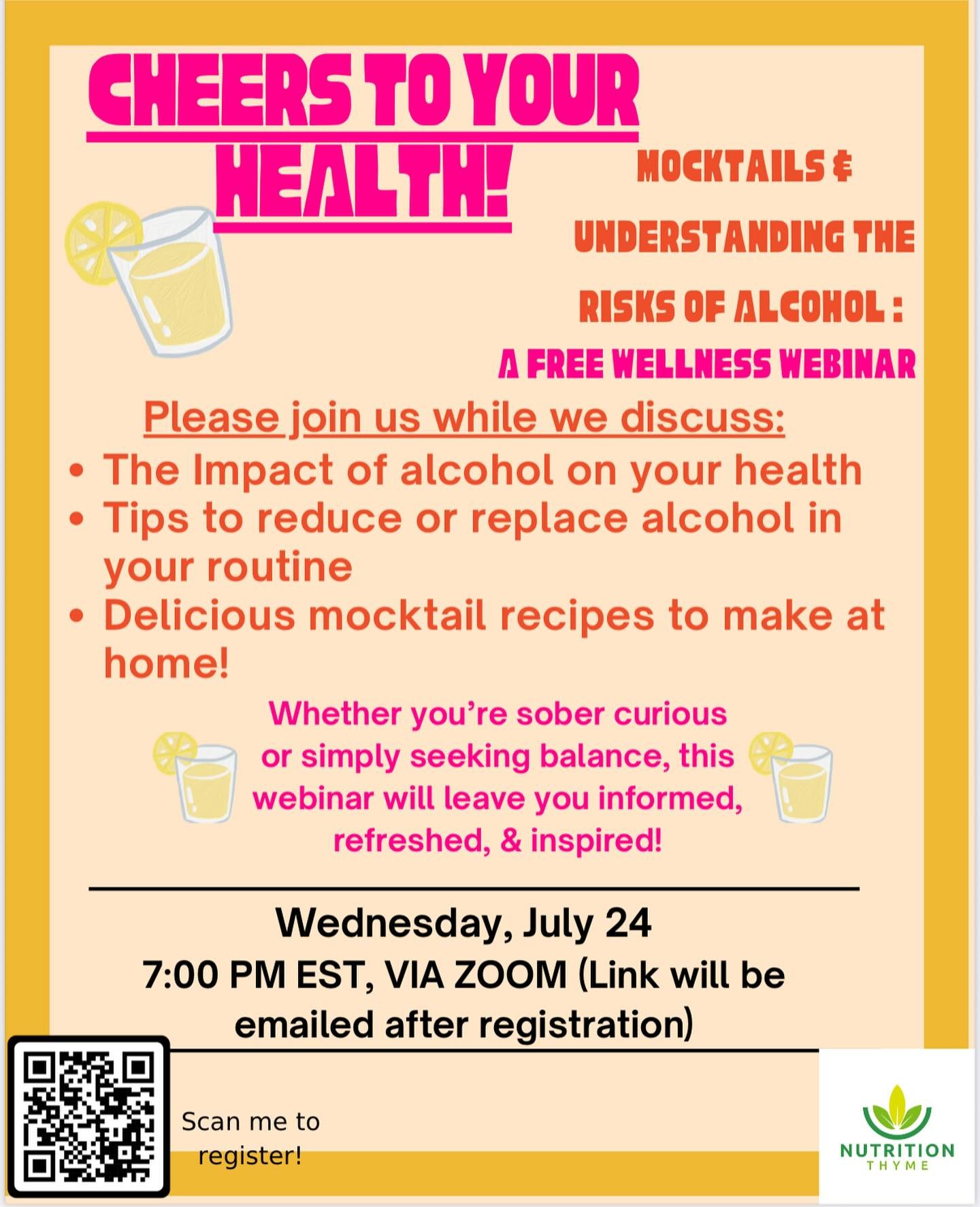 Looking for a fun and informative way to take charge of your health?
Join us for a free wellness webinar!!💻😁

🍹&ldquo;Cheers to Your Health: Mocktails and Understanding the Risks of Alcohol&rdquo;🍹

🗓 Date: Wednesday, July 24
🕖 Time: 7:00 PM (E