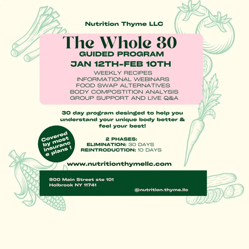 Our Whole 30 Program starts in Jan 2026! Reset your eating habits and learn how food affects your body with our guided Whole30 program led by RDs.

What&rsquo;s included:
&bull; 30-day elimination + 10-day reintroduction
&bull; Meal plans, recipes &a