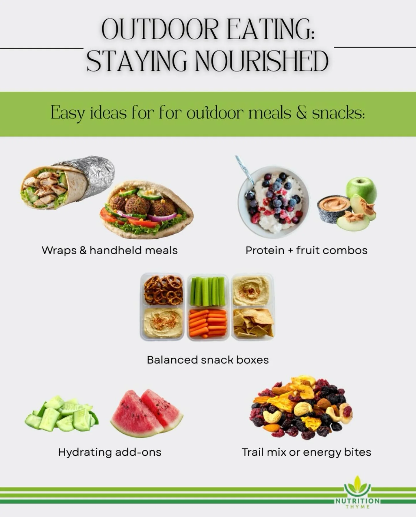 Outdoor Eating: How to Stay Nourished on the Go🏃&zwj;♀️🏃&zwj;♂️

With warmer weather comes more time outside; park days, beach trips, hikes, and spontaneous plans. While it&rsquo;s easy to grab whatever&rsquo;s convenient, a little intention can he