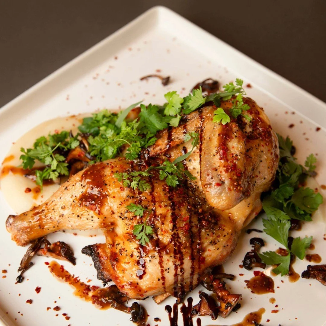 roasted half chicken. wild mushrooms, celeriac, sherry, fine herbs.