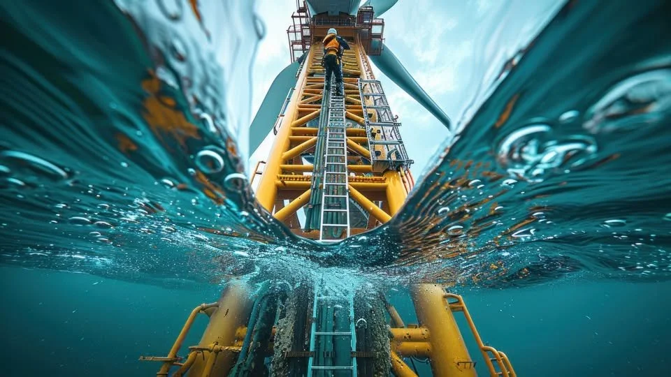 An engineer climbing a tall offshore oil rig with a view from under the water capturing the ladder, water, and sky.