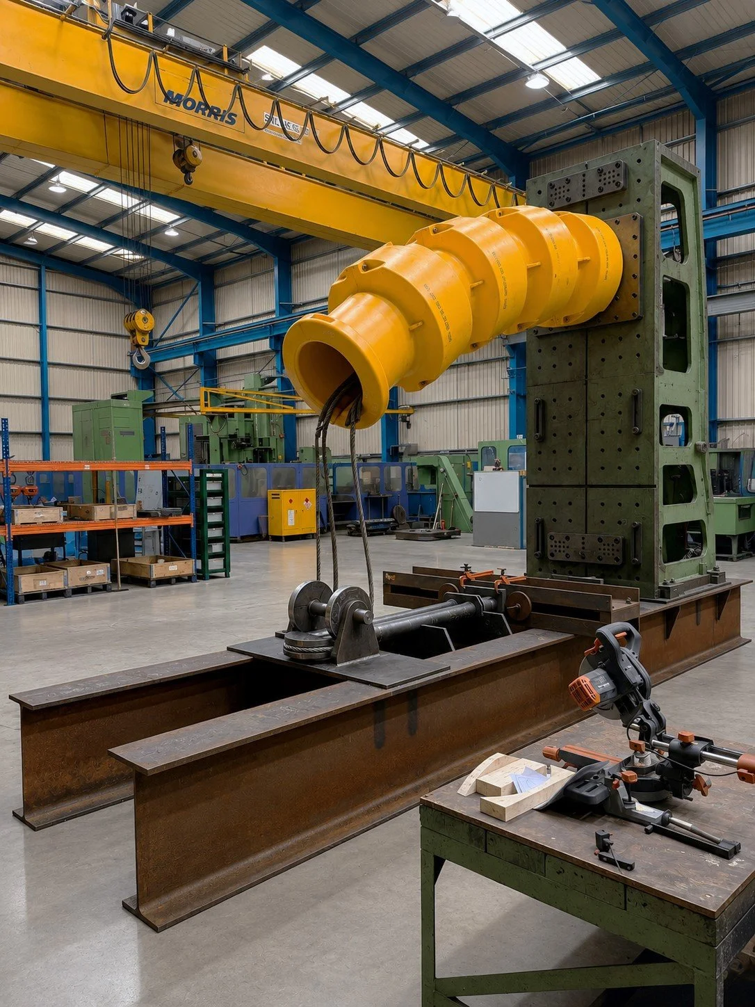 Industrial workshop with green machinery and tools, including metal components and chains, on a workbench.