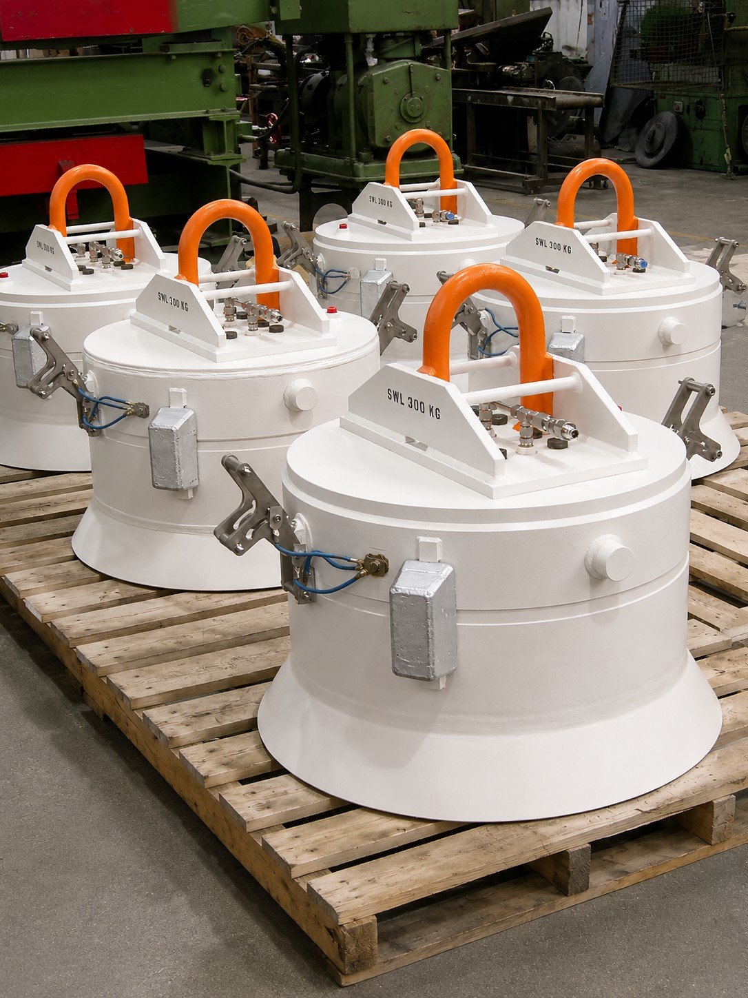 Several large white industrial devices with orange handles lined up on wooden pallets in a workshop.