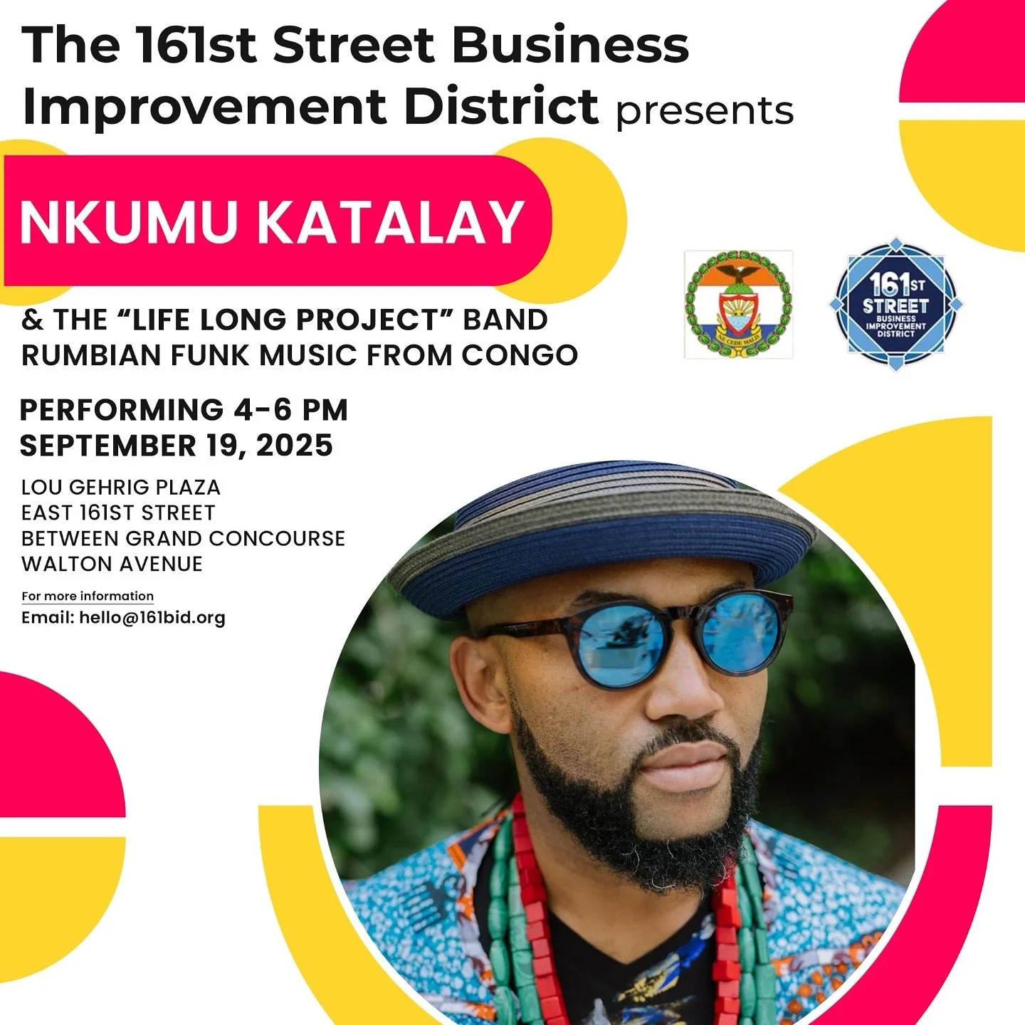 Join us tomorrow afternoon at 4pm for a performance from @nkumukatalay and the &ldquo;Life Long Project&rdquo; Band Rumbian Funk Music from Congo at Lou Gehrig Plaza. This is the first time @nkumukatalay will be performing at the plaza.

In addition 
