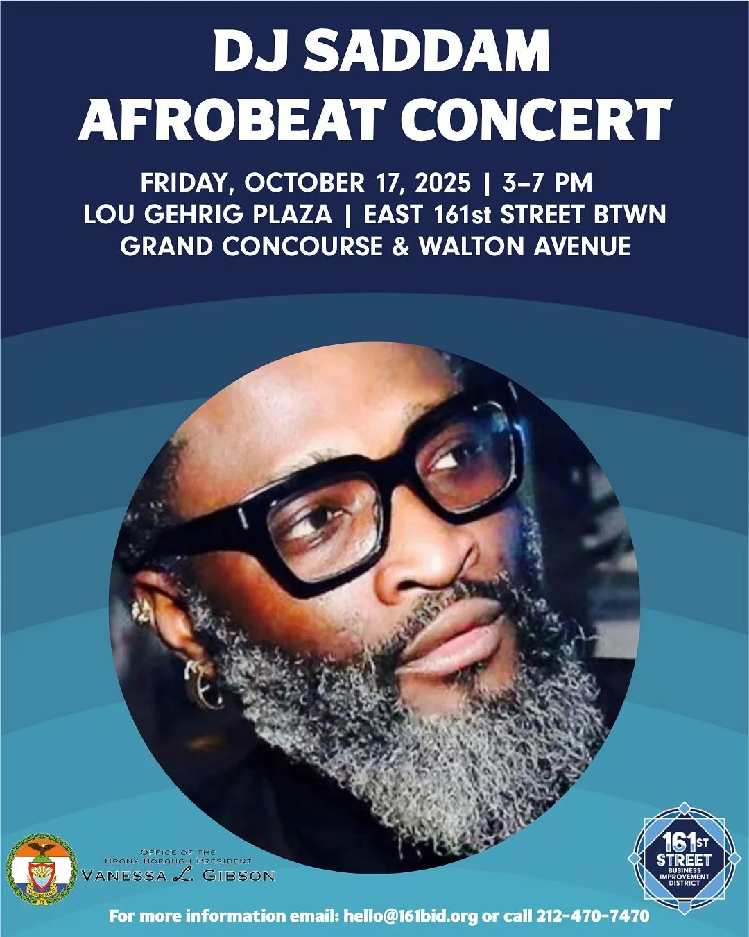 Join us for our final concert of the year at Lou Gehrig Plaza this Friday for some Afrobeats from DJ Saddam and free headshots from @greghernandezphotos and @greencanvasproductions. We&rsquo;ll be out there starting at 3pm! Hope to see you there!
