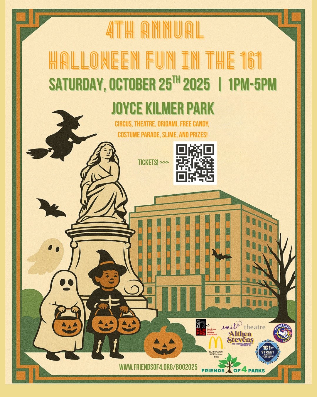 This Halloween the 161st Street BID is partnering with our friends at @friendsof4parks for our 4th Annual Halloween Fun in the 161. Join us tomorrow at Joyce Kilmer Park from 1 - 5pm for performances from the @bindlestifffamilycirkus, free candy, a c