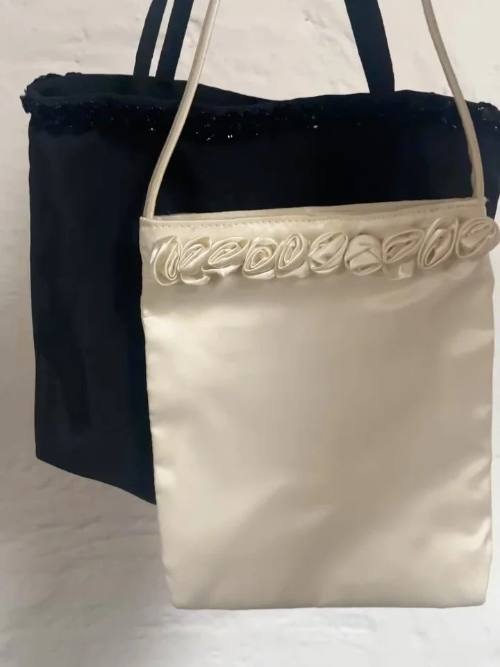 Sometimes all you need is a cute bag. Dolce &amp; Gabbana silk mini tote with sequin details, 90&rsquo;s mini handbag with roses and vintage leather croco shoulder bag coming soon 🌻🖤