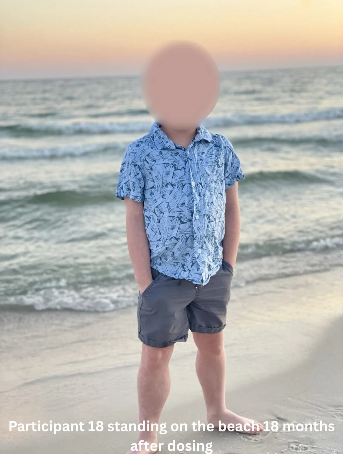 Participant 18 standing on the beach 18 months after dosing
