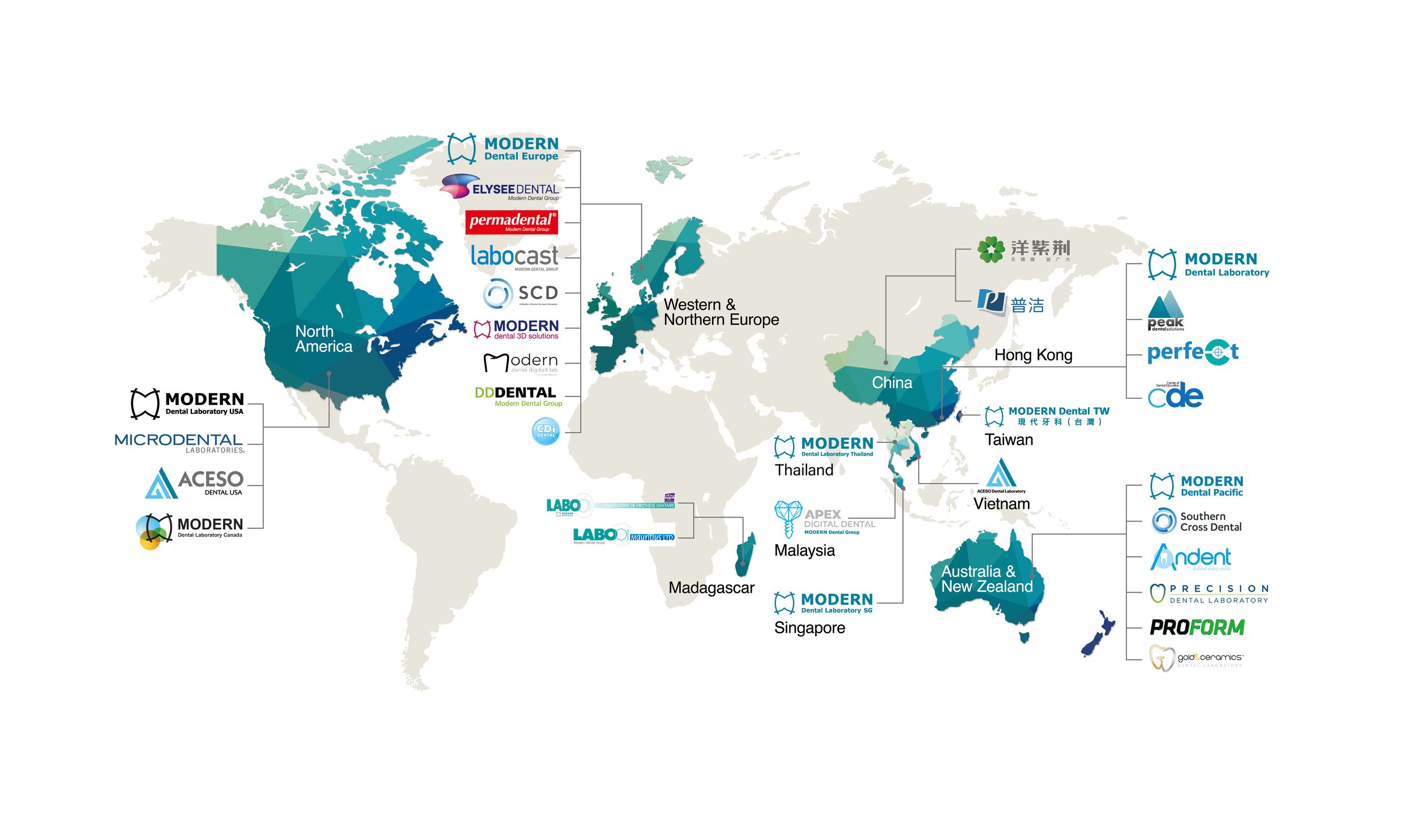 Map of Modern Dental Group's Global Network of Dental Laboratories