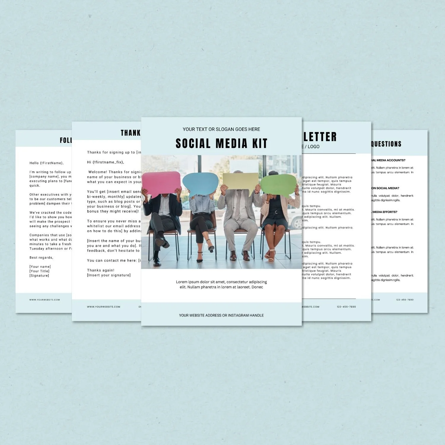 Front page of a social media kit featuring four people sitting in chairs holding colorful speech bubbles over their faces.