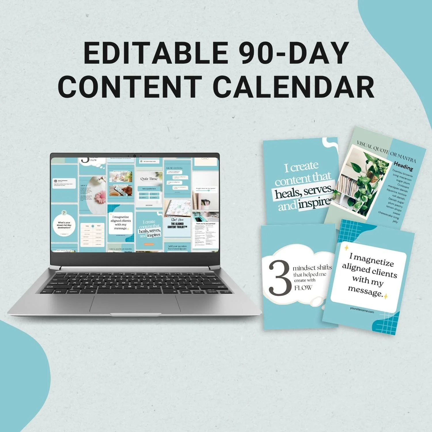 Promotion image with laptop and pages of social media quotes.