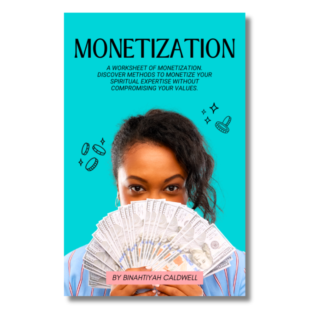 Book cover titled 'Monetization' with a woman holding a fan of 100-dollar bills, blue background, and icons of coins and a gavel, author Binahtiyah Caldwell.