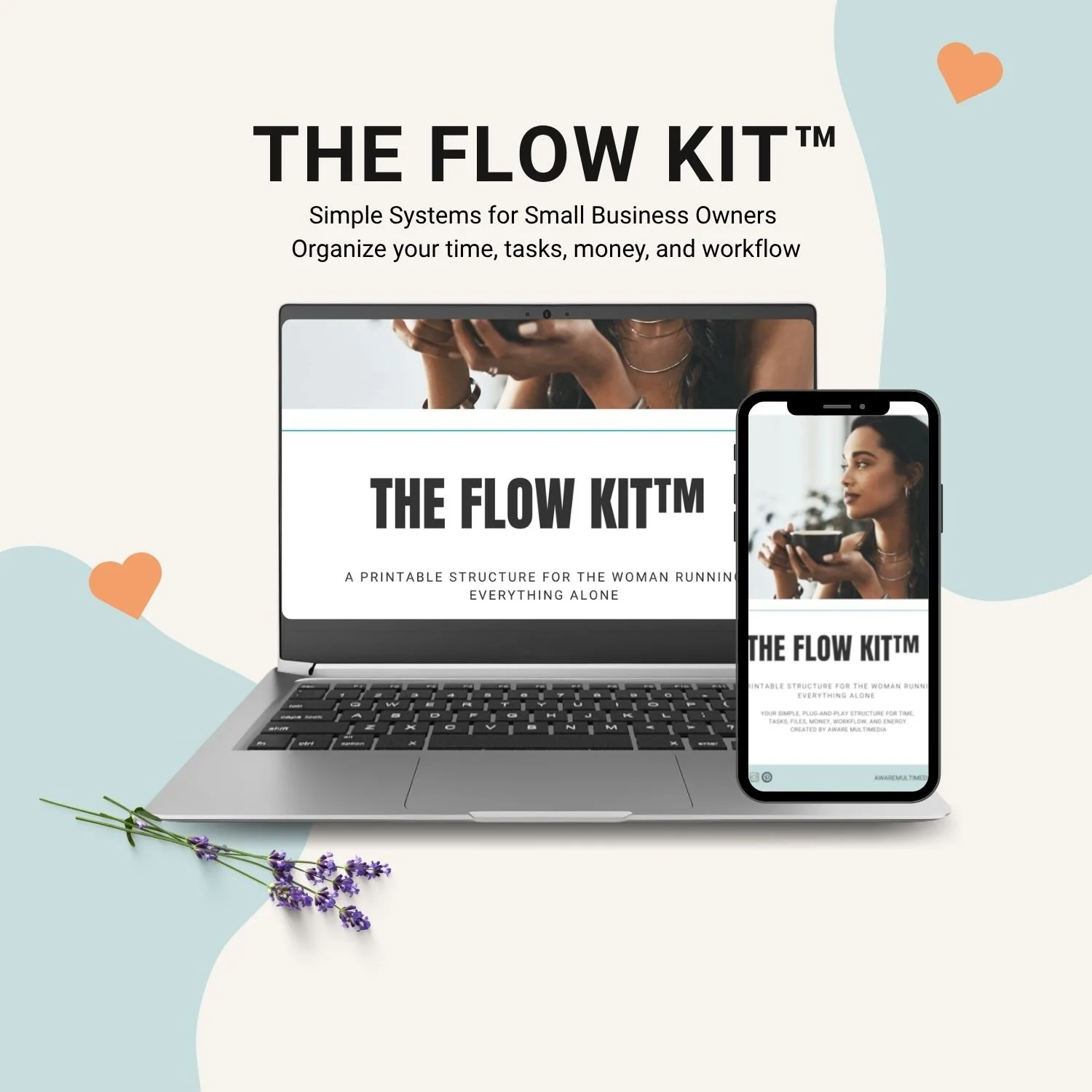 Promotional graphic for The Flow Kit(TM) showing a laptop and smartphone displaying the product, with a sprig of lavender and small heart illustrations on a pastel background.
