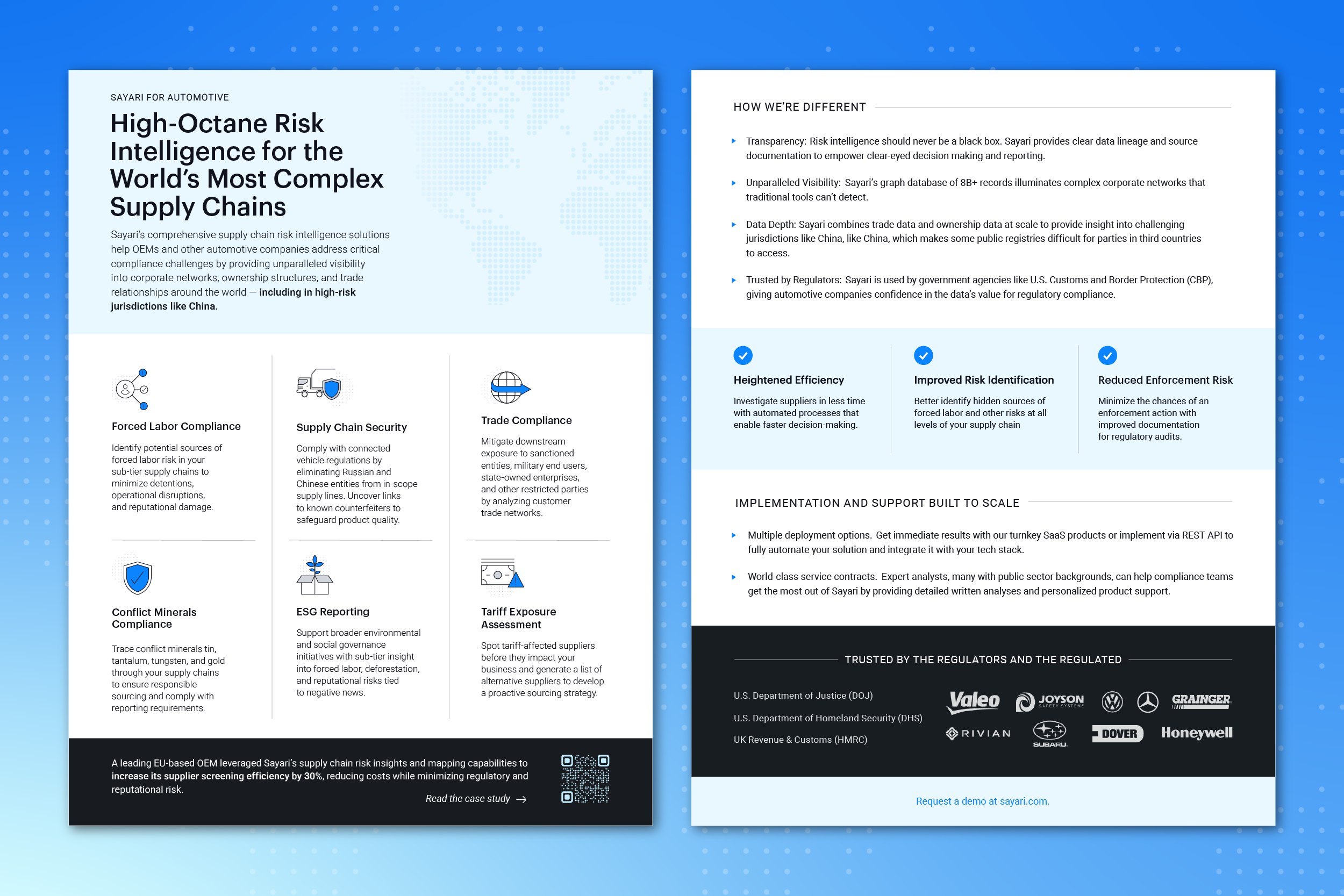 Two designed documents side by side on the topic of high-octane risk intelligence for the world's most complex supply chains