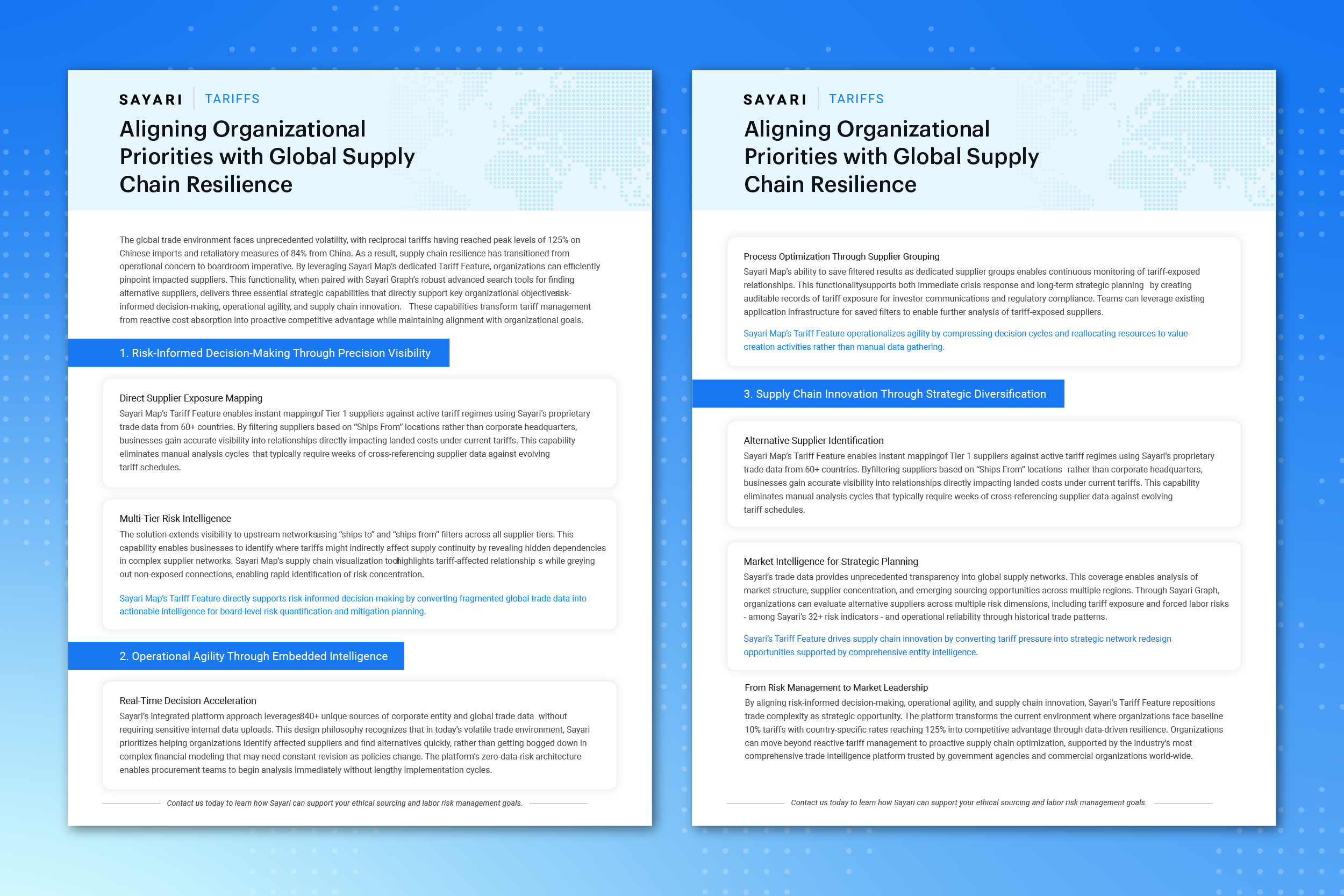 Two designed documents side by side on the topic of aligning organizational priorities with global supply chain resilience