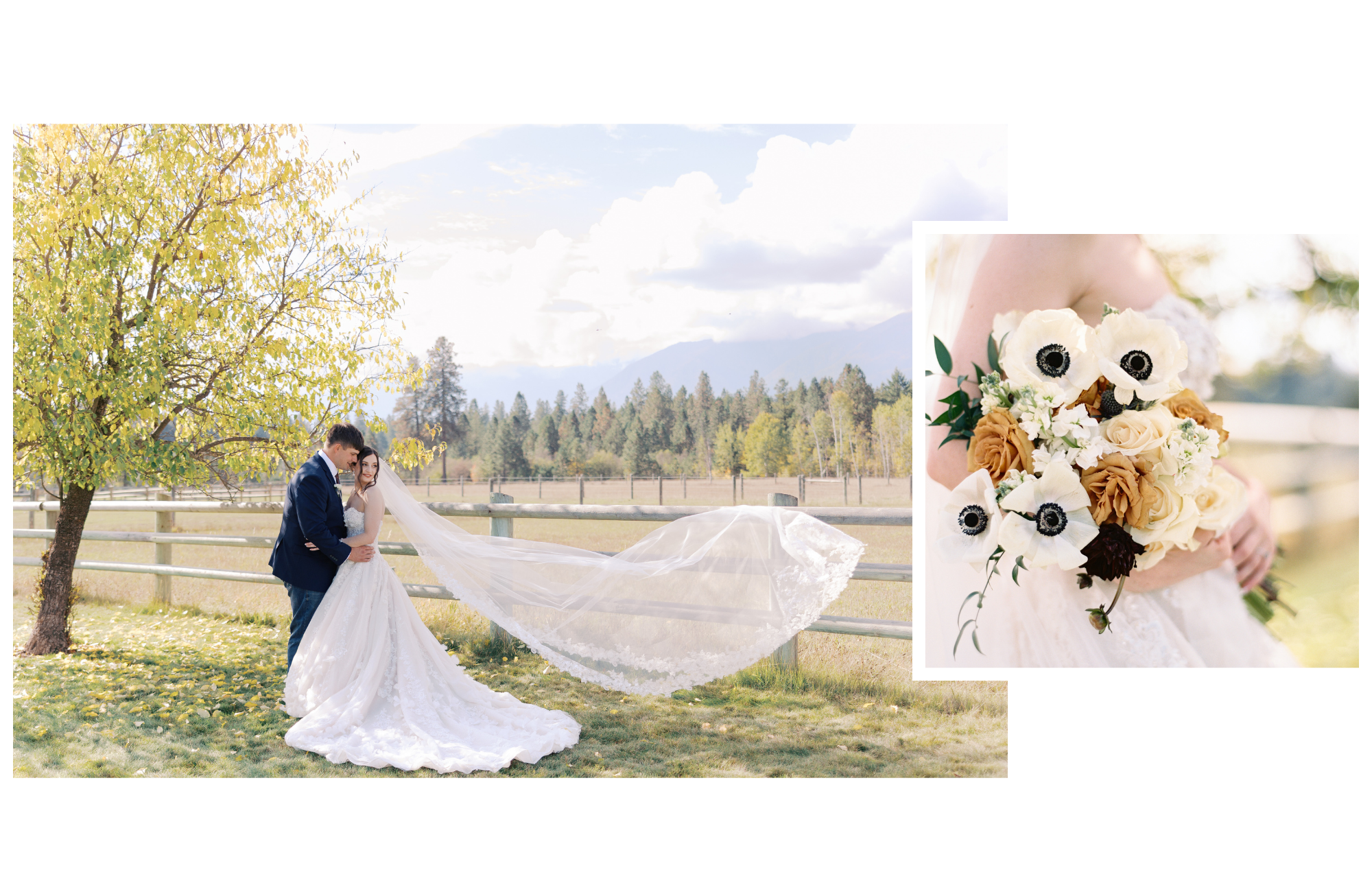 A bride and groom outdoors in a rural setting, with a tree and mountains in the background; the bride holds a bouquet of white and orange flowers.