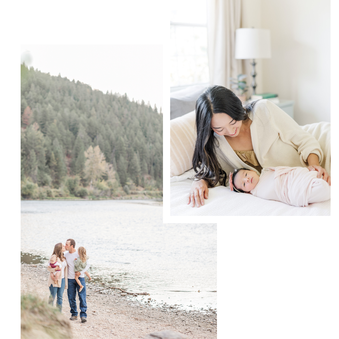 A collage of three images: a family of four at a lakeside, a woman smiling down at a newborn on a bed, and a scenic view of a forested hillside across a body of water.