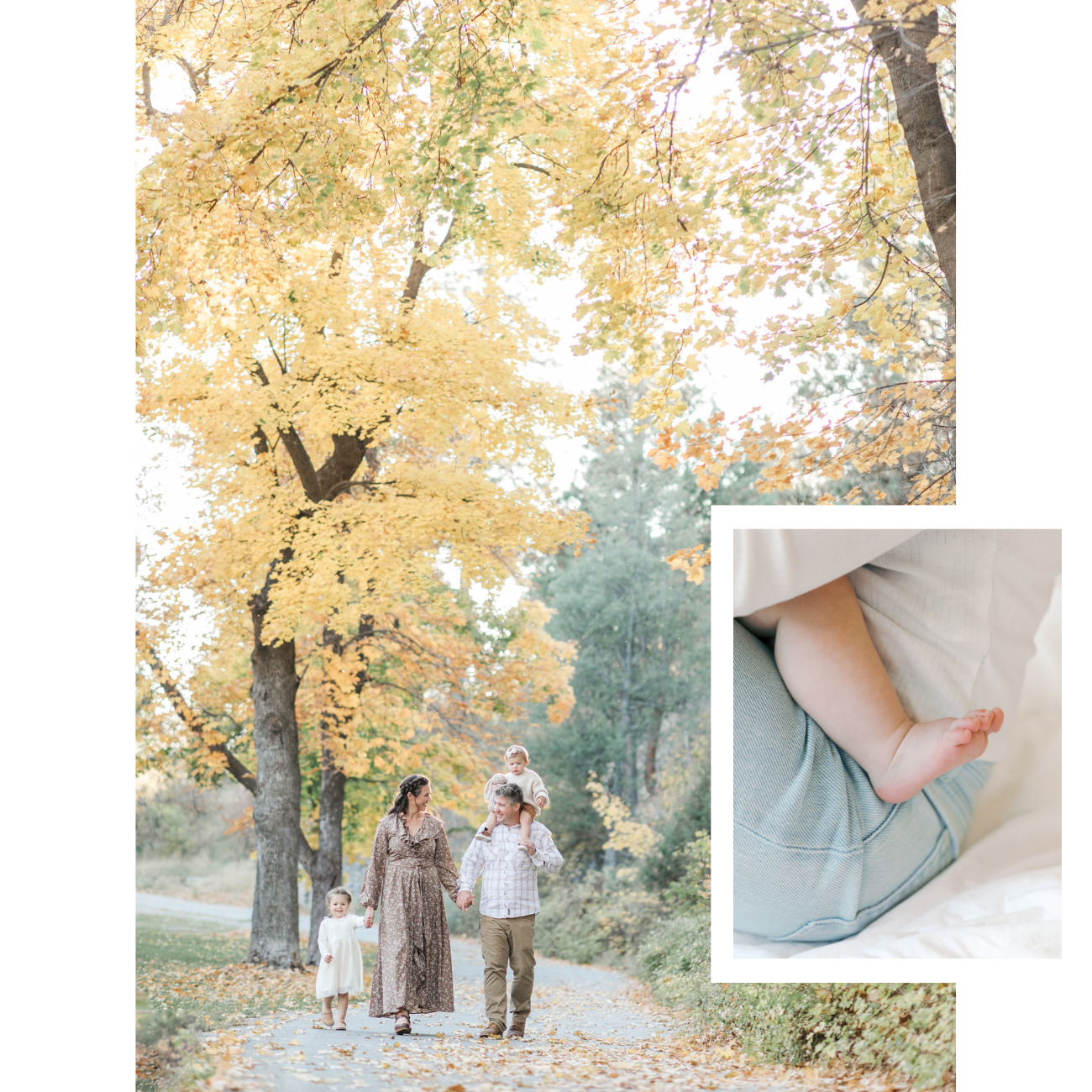A family of four walking on a path during autumn; large trees with yellow leaves surround them. The mother and father hold hands, with a young girl walking alongside and a little boy riding on the father's shoulders. A close-up inset shows a baby's tiny foot.