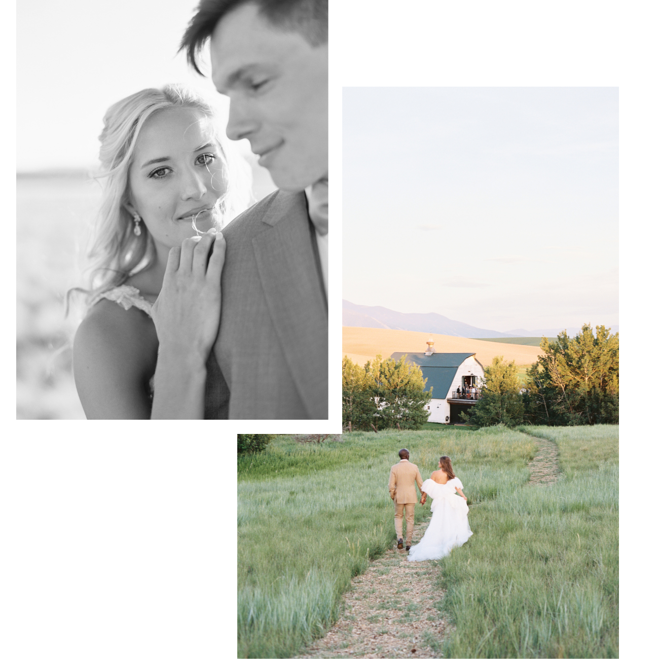 Montana Wedding Photographer Film A black and white photo of a woman and man, with a woman looking at the camera and a man looking down, holding hands. Behind them, a landscape with a barn and greenery during sunset.