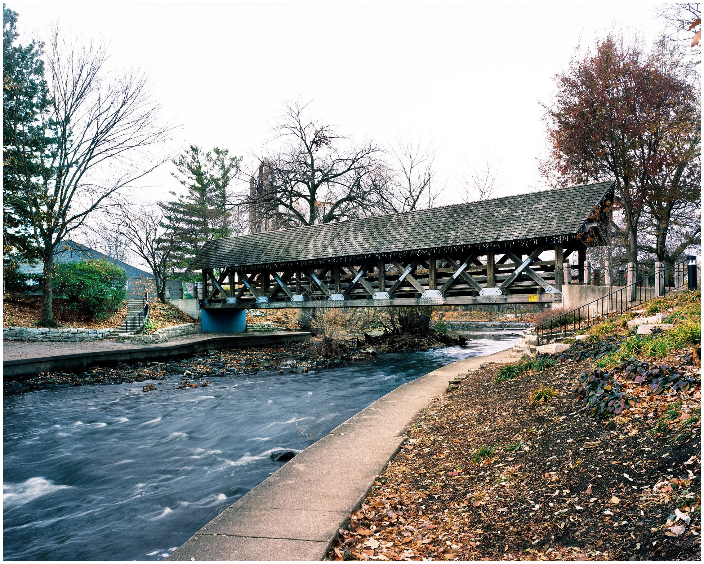 11/21/2025: Naperville Riverwalk Covered Bridge, IL; Linhof 4 X 5; Provia 100 Film.