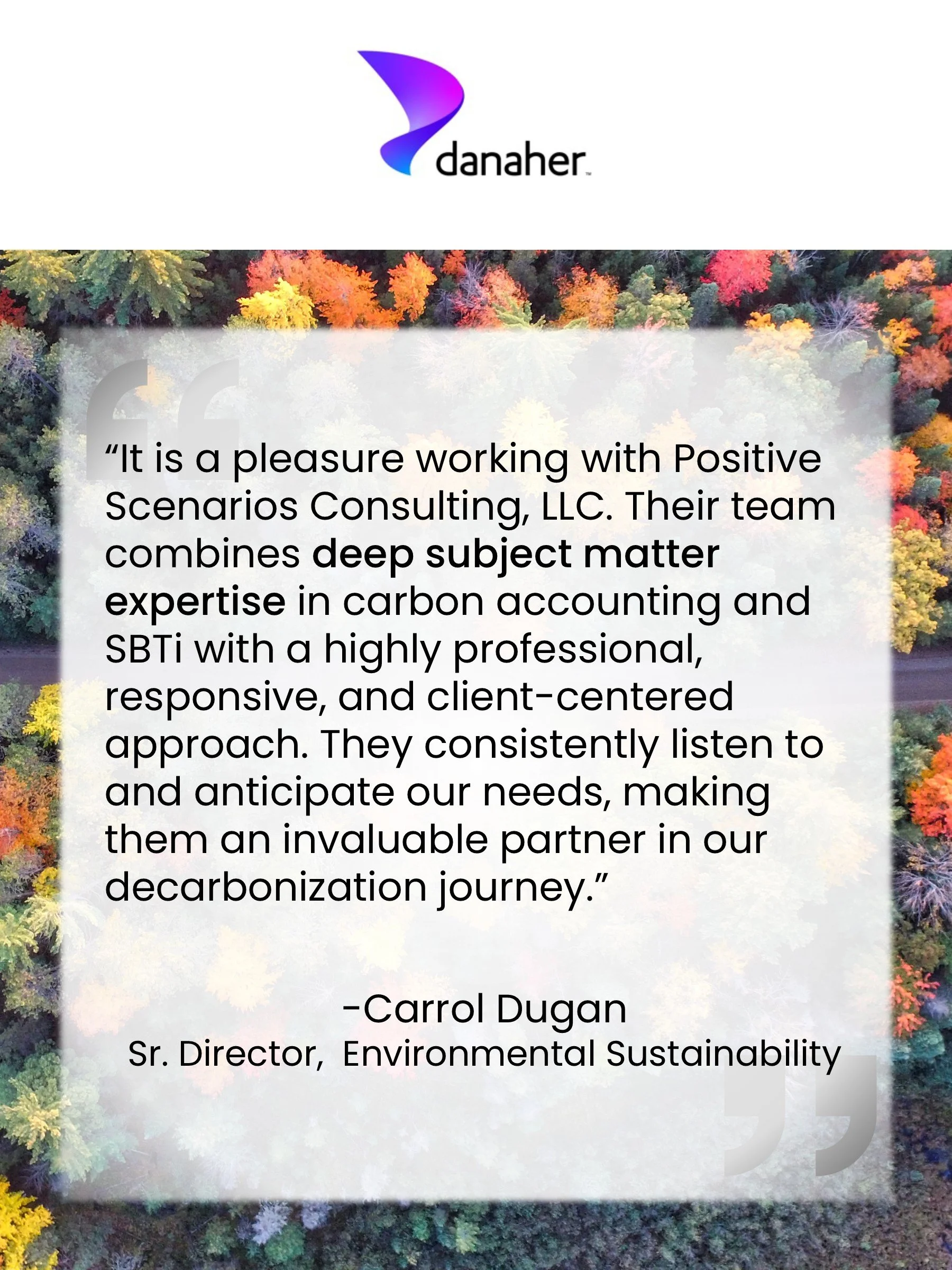 Client testimonial including "Their team combines deep subject matter expertise in carbon accounting and SBTi with a highly professional, responsive, and client-centered approach."