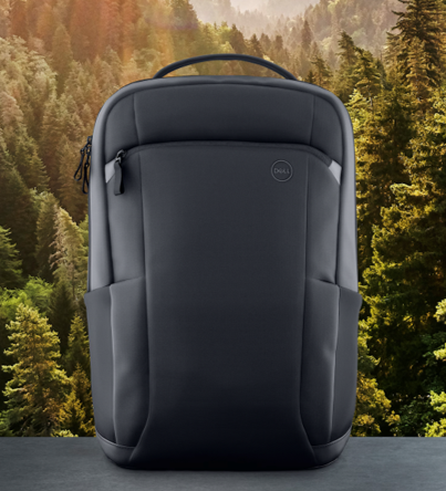 Dell EcoLoop backpack in front of a forest