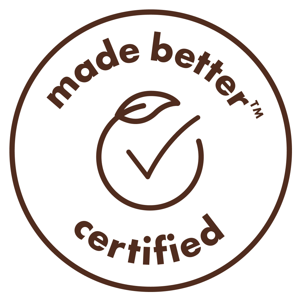 A circular badge with the text 'made better' at the top and 'certified' at the bottom. In the center, there is a leaf with a checkmark inside it.