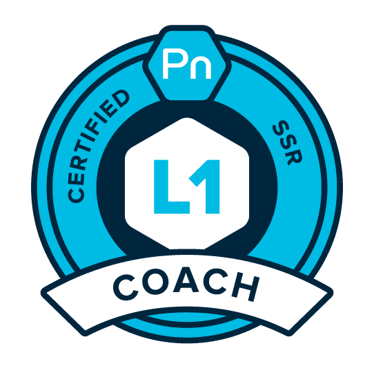 Badge with the text 'Certified Pn SSR L1 Coach' in blue and white colors.