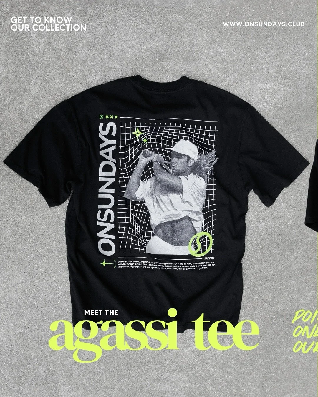 meet the new agassi tee – a tribute to one of our favorite icons who always brought his own swagger to center court 🎾
feat. a bold graphic on the back, clean front, 2" shorter body & an agassi quote to help keep you motivated ✨
reme