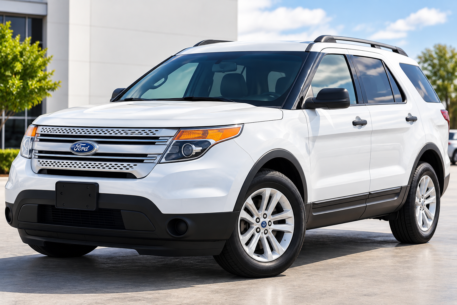 White 2014 Ford Explorer in Sunlit Dealership Lot.png