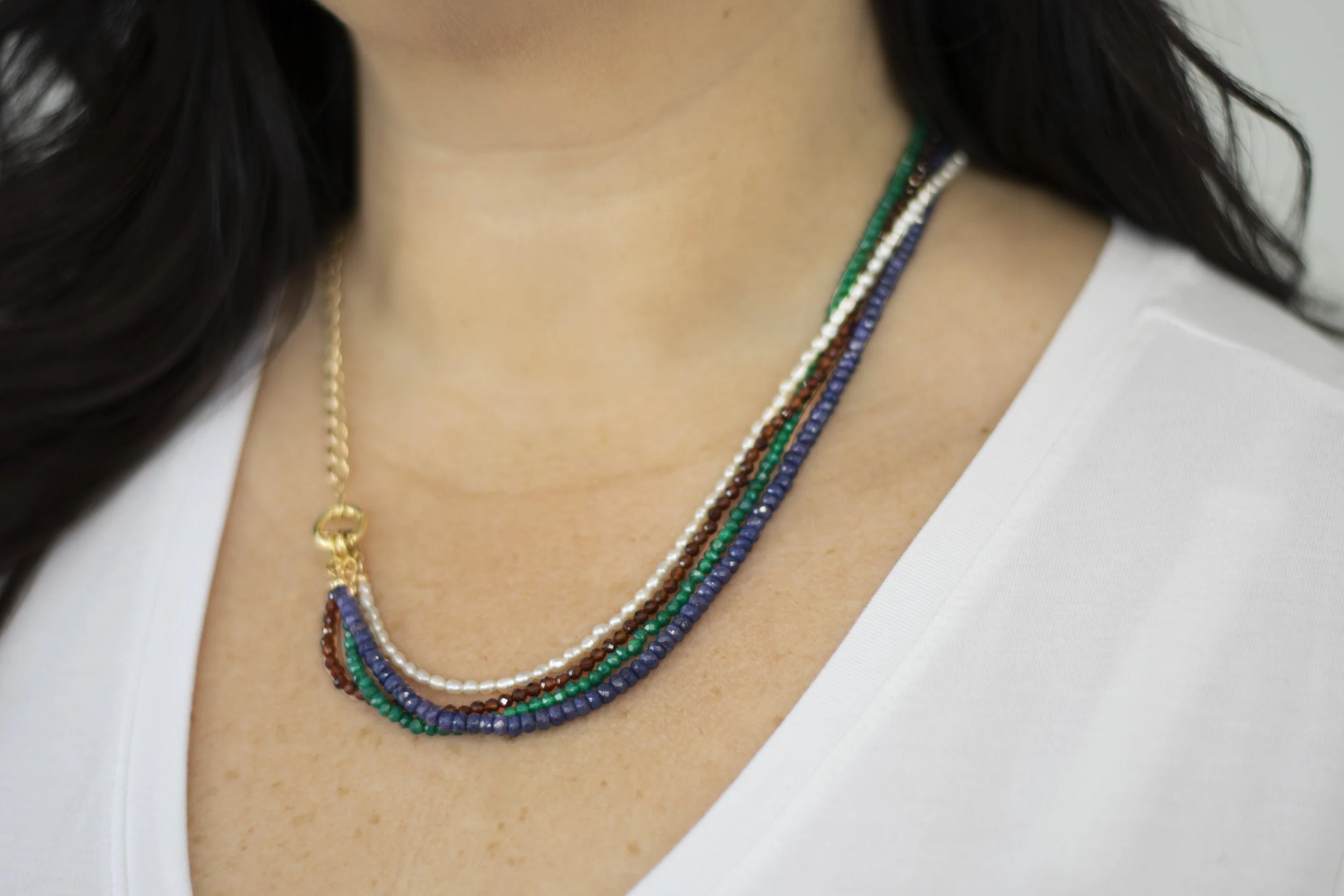 Close-up of a person's neck wearing a multicolored beaded necklace over a white top.
