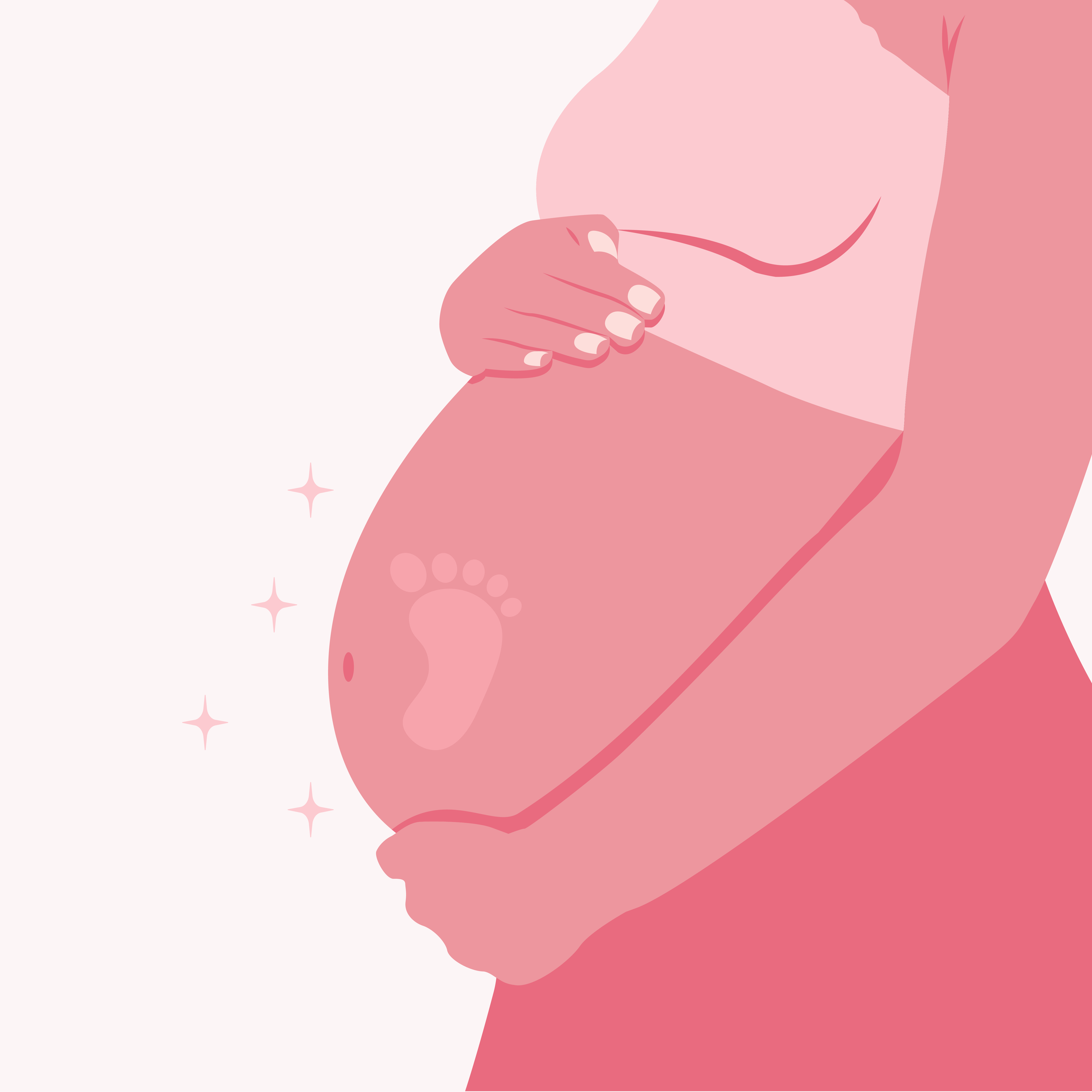 Illustration of a pregnant woman with a hand resting on her belly, featuring a stylized baby footprint, surrounded by sparkle effects.