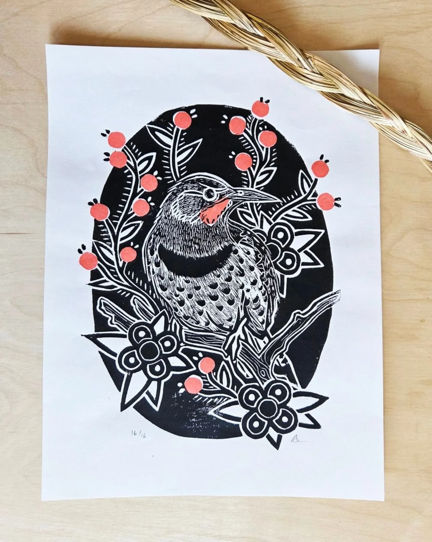 F L I C K E R  O N  T H E  B E R R Y  B U S H/ / This print is dedicated to the Red Shafted Northern Flicker that visits our home to breed. Surrounded by the M&eacute;tis style berry bushes of our home for protection.

This 12&quot;x9&quot; is an ori