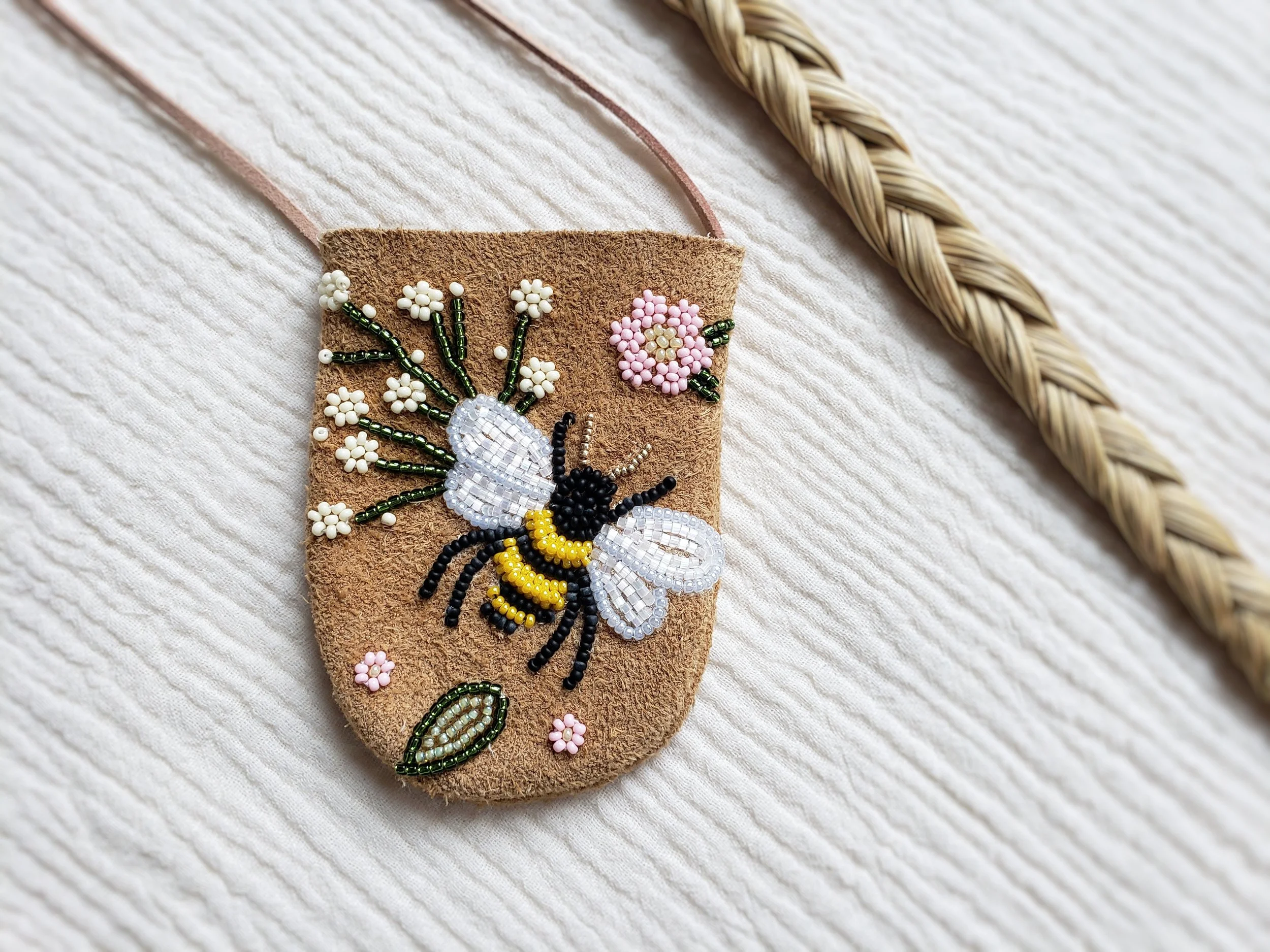 Bumblebee Moose Hide Medicine Pouch. Stephanie Chambers // 2022