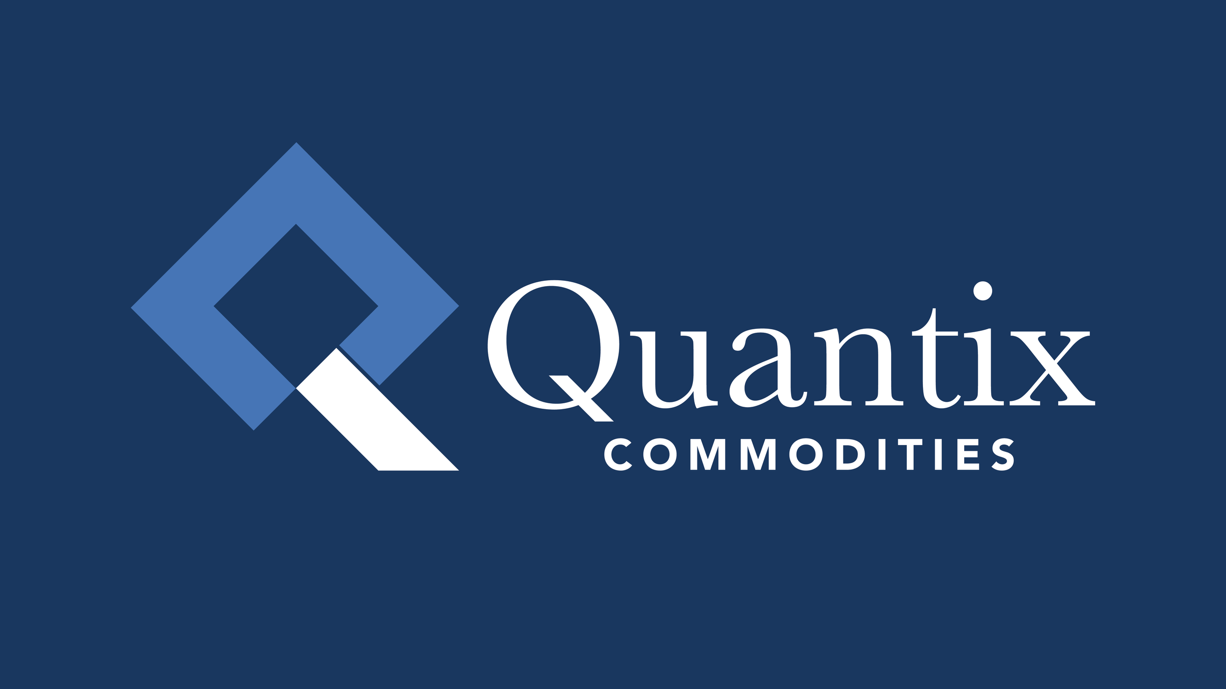 Logo of Quantix Commodities featuring a stylized blue geometric icon and company name in white text on a dark blue background.