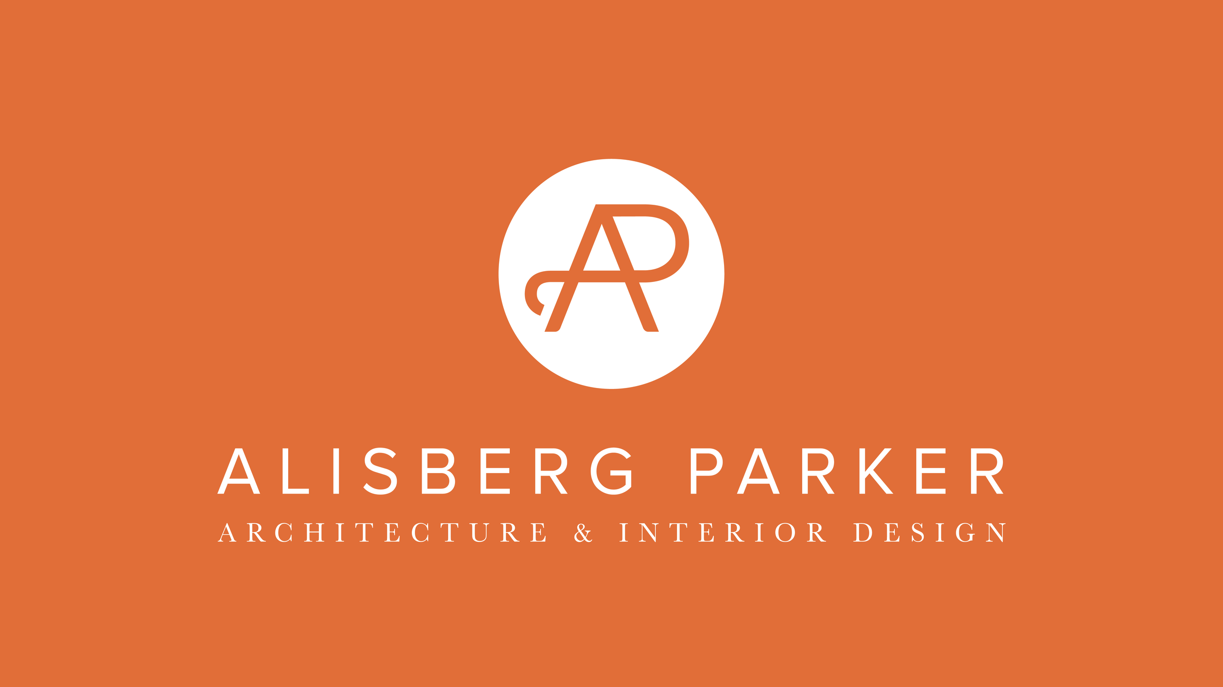 Logo for Alisberg Parker Architecture & Interior Design featuring a circular emblem with stylized letters 'A' and 'P', with the name and services written below, all on an orange background.