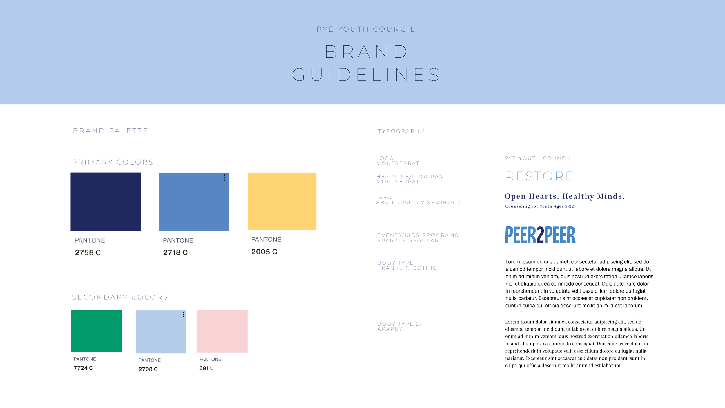 Brand guidelines document for Rye Youth Council featuring color palettes, typography, logo, and program information.